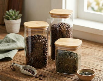 Glass Kitchen Canisters | Bamboo Lids, Airtight Food Storage Set