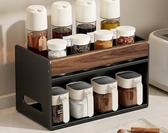 Modern 2-Tier Spice - Condiment Organizer | Black Metal & Walnut Wood | Kitchen Countertop Solution