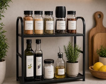 Estante organizador de encimera de metal y madera de 2 niveles