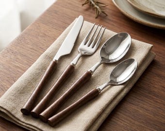 Minimalist Wood Handle Flatware Set | Japandi Stainless Steel Cutlery, Rustic Silverware