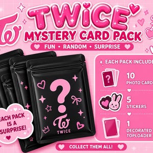 May include: Three black mystery pouches with pink question mark graphics and TWICE branding. A pink information box lists contents: 10 photo cards, 5 stickers, and 1 decorated toploader. The background is pink with hearts, stars, and text including TWICE MYSTERY CARD PACK, FUN, RANDOM, SURPRISE, EACH PACK IS A SURPRISE, and COLLECT THEM ALL.