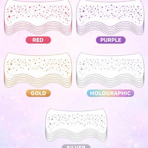 May include: Image shows temporary freckle tattoos in red, purple, gold, holographic, and silver. Each design is a rectangular shape with a dotted pattern and star accents. The text "CONCERT TATTOO FRECKLES" is at the top.
