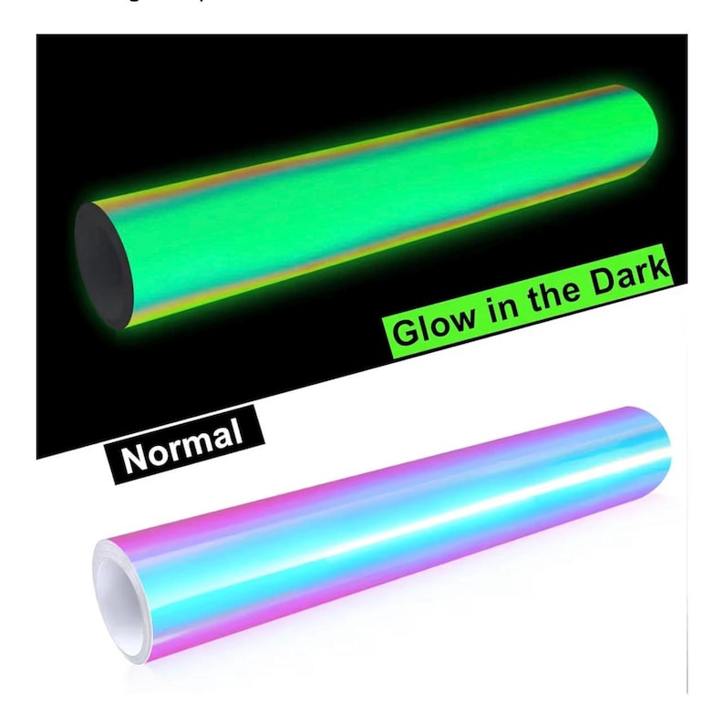 May include: A cylindrical roll of adhesive vinyl film shown in two states. The top roll glows with a bright green light against a black background labeled Glow in the Dark. The bottom roll displays a smooth iridescent finish labeled Normal.