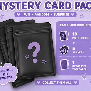 May include: Three black matte zipper pouches with a purple question mark and star icons. Text reads: MYSTERY CARD PACK, FUN, RANDOM, SURPRISE, EACH PACK IS A SURPRISE, COLLECT THEM ALL, and details including 10 photo cards, 5 stickers, and 1 decorated toploader.