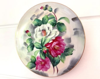 Vintage Lefton China Hand-Painted Rose Plate - Mid-Century Pink and White Flower Wall Hanging