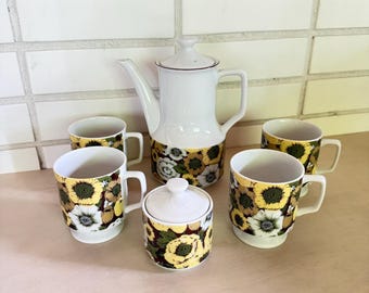 Vintage 1970s Floral Coffee Serving Set- Retro Mid-Century Modern Tea Service