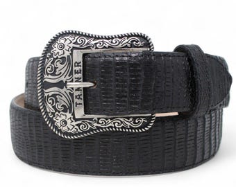 Cinturón Western Negro con Estampado Teju – Estilo Vaquero de Piel Genuina con Hebilla Texas