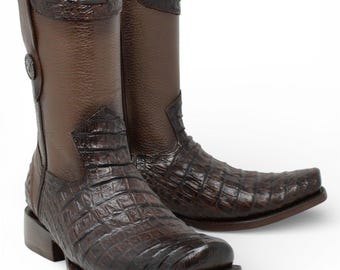 Botas Vaqueras Café Caimán Panza – Piel Genuina Punta Dubai Hechas en México