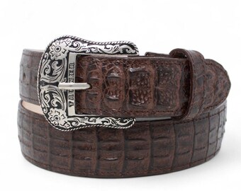 Cinturón Western Vaquero Café Caimán Lomo – Piel Genuina Hecho en México Hebilla Texas