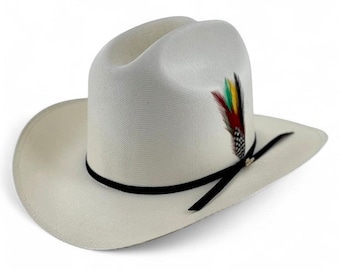 Sombrero Morcon 1000X Estilo El Fantasma con Plumas – Sombrero Vaquero Color Marfil de Paja, Falda Corta, Hecho en México