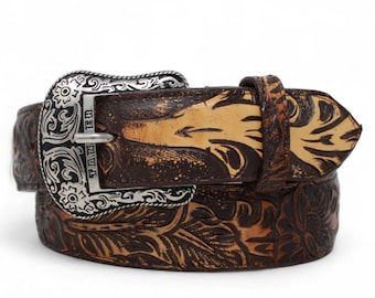 Cinturón Western Vaquero Café Cincelado – Piel Genuina Hecho en México Hebilla Texas