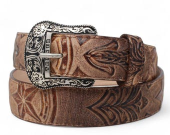 Cinturón Vaquero de Piel Mexicana Auténtica – Cinturón Cowboy Cincelado a Mano con Hebilla Floral Estilo Texas para Hombre
