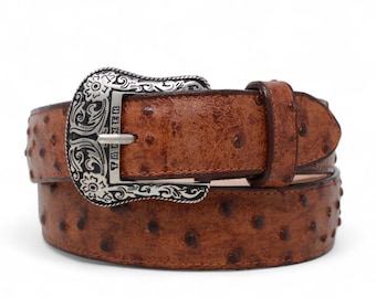 Cinturón Western Vaquero Cognac Avestruz – Piel Genuina Hecho en México Hebilla Texas