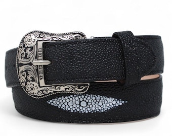 Cinturón Western Vaquero Negro Mantarraya – Piel Genuina Hecho en México Hebilla Texas