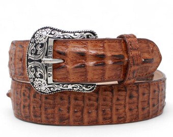 Cinturón Western Vaquero Cognac Caimán Lomo – Piel Genuina Hecho en México Hebilla Texas