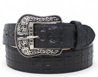 Cinturón Western Vaquero Negro Caimán Lomo – Piel Genuina Hecho en México Hebilla Texas