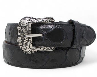 Cinturón Vaquero Western Negro Pirarucu – Piel Genuina Hecho en México con Hebilla Texas