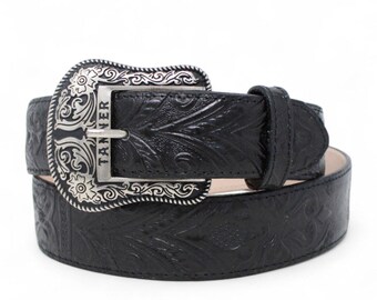 Cinturón Western Vaquero Negro Cincelado – Piel Genuina Hecho en México Hebilla Texas