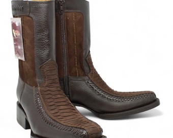 Botas Vaqueras Café Pitón Nubuck – Piel Genuina Punta Dubai Hechas en México