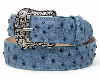 Cinturón Western Vaquero Azul Avestruz – Piel Genuina Hecho en México Hebilla Texas