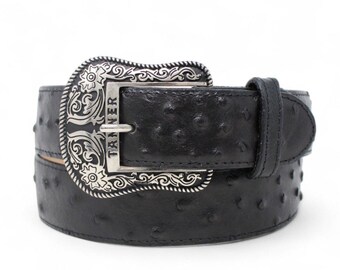 Cinturón Western Vaquero Negro Avestruz – Piel Genuina Hecho en México Hebilla Texas