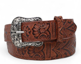Cinturón Western Vaquero Cognac Cincelado – Piel Genuina Hecho en México Hebilla Texas