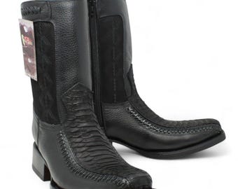 Botas Vaqueras Negras Pitón Nubuck – Piel Genuina Punta Dubai Hechas en México