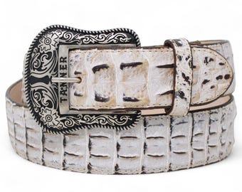 Cinturón Western Vaquero Natural Caimán Lomo – Piel Genuina Hecho en México Hebilla Texas