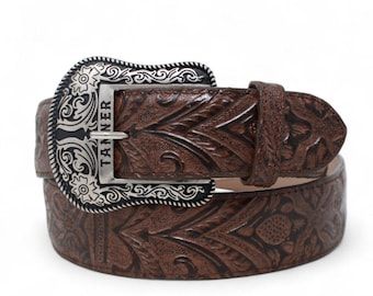 Cinturón Western Vaquero Café Cincelado – Piel Genuina Hecho en México Hebilla Texas