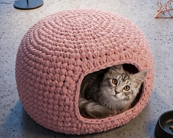 Crochet Cat Cave Pattern, Chunky Cat House PDF, Easy Crochet Pet Bed Tutorial, T-shirt Yarn Cat Nest, Modern Pet Furniture Pattern