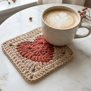 Può includere: Un sottobicchiere all'uncinetto beige e ruggine con un motivo a cuore, che tiene una tazza di ceramica maculata piena di un latte macchiato. Il sottobicchiere è quadrato e si trova su un tavolo di marmo bianco.