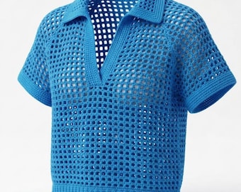 The Classic Mesh Polo Shirt Crochet Pattern | Digital PDF Download | Summer Openwork Top | Collar & Hoodie Options | LittelYarnLabStore