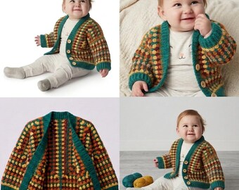 Haakpatroon voor een zeshoekig babyvestje | Grof gebreide trui met kleurblokken in granny stitch | Eenvoudig op maat te maken (PDF-handleiding) voor baby's en peuters