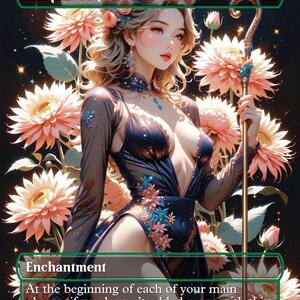May include: A fantasy art card titled "Carpet of Flowers" featuring a woman in a dark blue dress with floral accents, holding a staff. Large pink flowers and green leaves surround her. The card text reads "Enchantment".