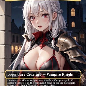 Può includere: Una carta di Magic: The Gathering con Edgar Markov, un Cavaliere Vampiro. La carta mostra un'illustrazione dettagliata di una vampira con capelli bianchi, occhi rossi e un abito nero e rosso. Il testo della carta descrive le abilità della creatura.