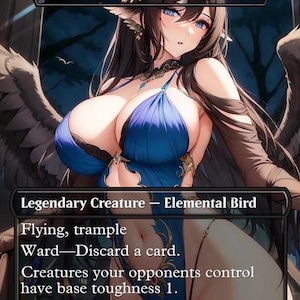 May include: A fantasy card featuring "Maha, Its Feathers Night." The artwork depicts a female figure with blue eyes, long dark hair, and feathered wings. The card text includes "Legendary Creature - Elemental Bird" and game mechanics like "Flying, trample."