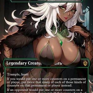 Könnte beinhalten: Fantasy-Karte mit einer weiblichen Figur mit weißen Haaren und dunkler Haut. Die Karte trägt den Titel "Vorinclex, Monstrous Raider" und enthält den Text "Anime Waifu". Die Figur trägt ein dunkles Outfit mit grünen Akzenten und hat einen strengen Gesichtsausdruck.