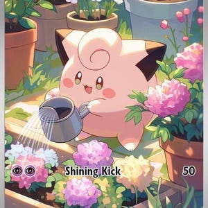 May include: A Clefairy trading card featuring the character watering flowers in a garden. The card displays the name Clefairy, 90 HP, the move Shining Kick with 50 damage, a fighting weakness, and a colorless retreat cost. The art shows a pink creature.