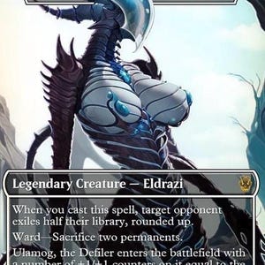 Op de afbeelding: Een Magic: The Gathering-kaart met Ulamog, de Ontwijdster, een Legendary Creature Eldrazi. De kaart heeft een blauw en wit kleurenschema met een gedetailleerde illustratie van het wezen. De kaarttekst bevat spelmechanismen en regels.