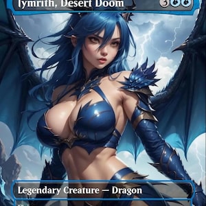 May include: A fantasy card featuring Iymrith, Desert Doom, a blue-skinned dragon woman with blue hair and wings. The card text reads "Legendary Creature - Dragon" and includes the text "Flying". The background shows a stormy sky.