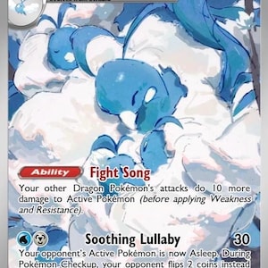 May include: A trading card featuring the blue bird-like creature Altaria resting within large, fluffy white clouds. The card displays the name Altaria, 80 HP, the Ability Fight Song, and the attack Soothing Lullaby with text detailing game mechanics.
