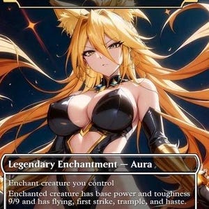 Puede incluir: Una carta de Magic: The Gathering titulada "Super State" que presenta a un personaje femenino de anime con cabello rubio largo y un atuendo negro. La carta es un Encantamiento Legendario - Aura con texto de juego que describe sus efectos.
