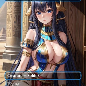 Puede incluir: Carta de arte de fantasía "Esfinge Consagrada" que presenta un personaje de esfinge femenina con atuendo azul y dorado. La carta tiene un borde azul con texto que indica el tipo de criatura y sus habilidades. El fondo representa un escenario egipcio.
