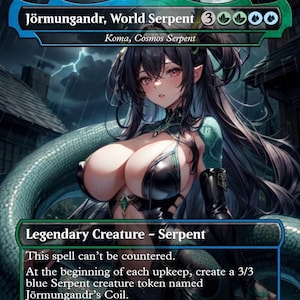 May include: A fantasy art card featuring Jörmungandr, World Serpent. The card depicts a female figure with long black hair and a serpent-like tail. The card text reads "Legendary Creature - Serpent" and includes game instructions. The color palette includes shades of green, black, and blue.
