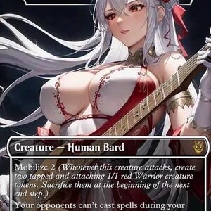 May include: A fantasy art card titled "Voice of Victory" featuring a female character with white hair, red accents, and a guitar. The card text describes a Human Bard creature with abilities. The artwork is detailed with a focus on the character's attire and expression.