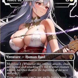 May include: A fantasy art card titled "Voice of Victory" featuring a female character with long white hair, red eyes, and a white and red outfit. The card includes text describing the creature type as a Human Bard and its abilities.