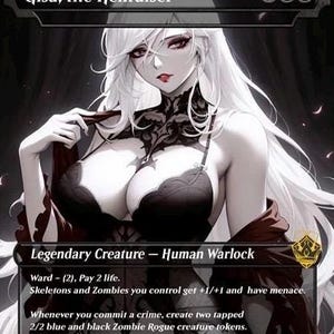May include: A fantasy card featuring "Gisa, the Hellraiser." The artwork depicts a woman with long white hair, wearing a black outfit with a decorative neckline. The card text describes her as a Legendary Creature - Human Warlock.