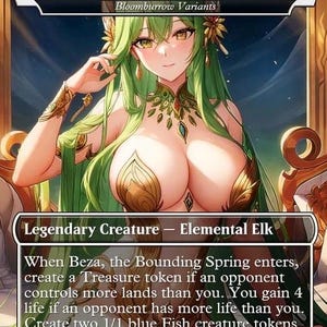 May include: A Magic: The Gathering card featuring Beza, the Bounding Spring. The card has a detailed illustration of a female character with green hair and golden accents. Text includes "Legendary Creature - Elemental Elk" and game instructions.