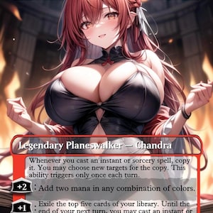 Puede incluir: Carta de Magic: The Gathering con Chandra, Hope's Beacon. Borde rojo, ilustración de una mujer pelirroja con un atuendo negro. El texto describe habilidades y costes de maná.