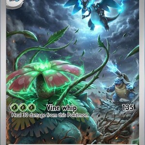May include: A Mega Venusaur ex trading card with 290 HP, featuring a large green creature with a glowing flower, a blue Blastoise, and a dark flying creature. The card displays the text Vine whip, 135, and Mega Evolution ex rule at the bottom.